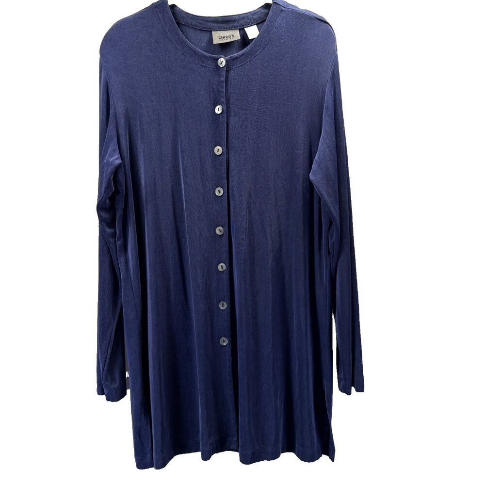Chicos Travelers Womens Tunic Top Large Solid Blue Button Up Long Sleeve Stretch